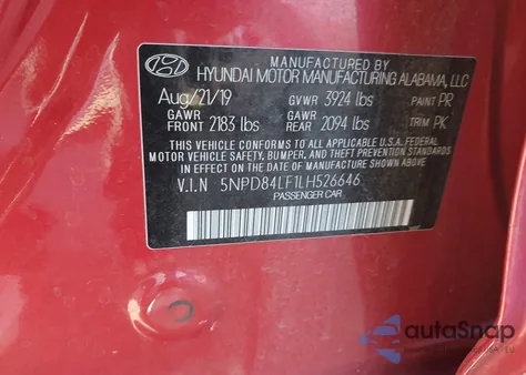 2020 Hyundai Elantra Sel z USA, uszkodzony, nr VIN 5NPD84LF1LH526646